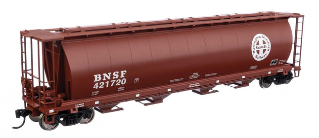 Walthers Mainline 910-7874 | 59' Cylindrical Hopper - Ready to Run - BNSF #421720 (red-brown, white; Circle Cross logo, trough hatches) | HO Scale - Squeaky's Trains