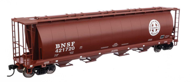 Walthers Mainline 910-7874 | 59' Cylindrical Hopper - Ready to Run - BNSF #421720 (red-brown, white; Circle Cross logo, trough hatches) | HO Scale - Squeaky's Trains