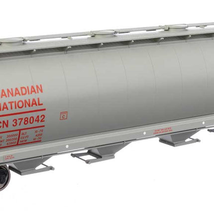 Walthers Mainline 910-7876 | 59' Cylindrical Hopper - Ready to Run - Canadian National #378042 (gray, red; English & French name, round hatches) | HO Scale - Squeaky's Trains