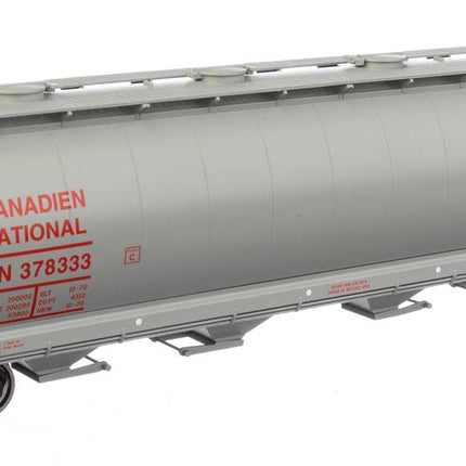 Walthers Mainline 910-7877 | 59' Cylindrical Hopper - Ready to Run - Canadian National #378333 (gray, red; English & French name, round hatches) | HO Scale - Squeaky's Trains