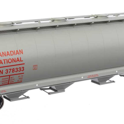 Walthers Mainline 910-7877 | 59' Cylindrical Hopper - Ready to Run - Canadian National #378333 (gray, red; English & French name, round hatches) | HO Scale - Squeaky's Trains