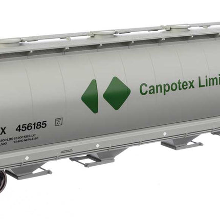 Walthers Mainline 910-7886 | 59' Cylindrical Hopper - Ready to Run - Canpotex Ltd PTEX #456185 (white, green, black, round hatches) | HO Scale - Squeaky's Trains