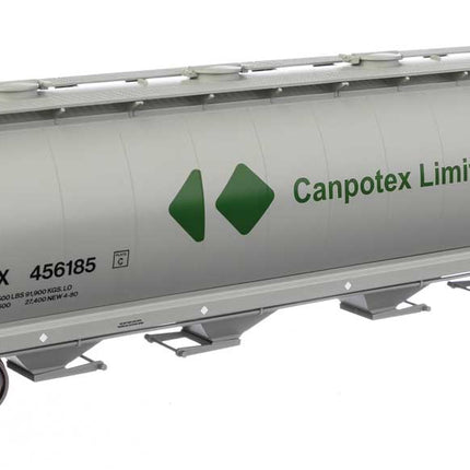 Walthers Mainline 910-7886 | 59' Cylindrical Hopper - Ready to Run - Canpotex Ltd PTEX #456185 (white, green, black, round hatches) | HO Scale - Squeaky's Trains