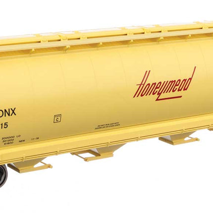 Walthers Mainline 910-7897 | 59' Cylindrical Hopper - Ready to Run - Honeymead #1015 (yellow, black, red logo; trough hatches) | HO Scale - Squeaky's Trains