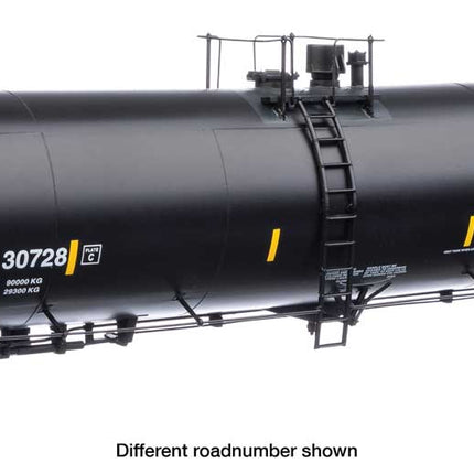 Walthers Proto 920-100626 | 55' Trinity 30,145-Gallon Tank Car - Ready to Run - Canadian General Transit CGTX #30744 (black, white, yellow marks) | HO Scale - Squeaky's Trains