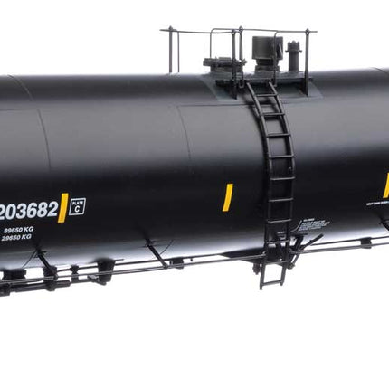 Walthers Proto 920-100629 | 55' Trinity 30,145-Gallon Tank Car - Ready to Run - GATX Corporation GATX #203682 (black, white, yellow conspicuity marks) | HO Scale - Squeaky's Trains