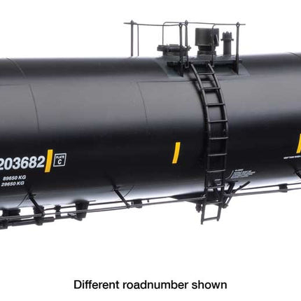 Walthers Proto 920-100631 | 55' Trinity 30,145-Gallon Tank Car - Ready to Run - GATX Corporation GATX #203693 (black, white, yellow conspicuity marks) | HO Scale - Squeaky's Trains