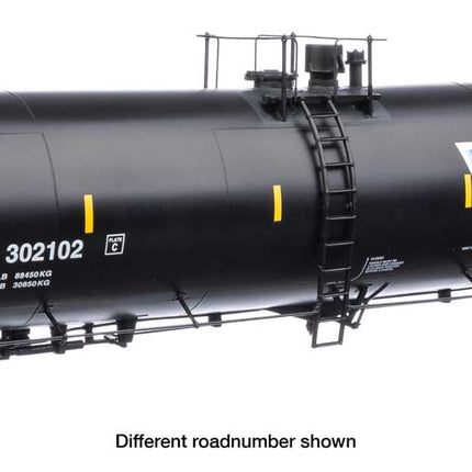 Walthers Proto 920-100640 | 55' Trinity 30,145-Gallon Tank Car - Ready to Run - Renewable Products NATX #302194 (black, white, yellow conspicuity marks) | HO Scale - Squeaky's Trains