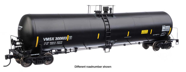 Walthers Proto 920-100649 | 55' Trinity 30,145-Gallon Tank Car - Ready to Run - Valero Marketing & Supply VMSX #300603 (black, white, yellow marks) | HO Scale - Squeaky's Trains