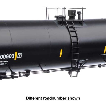 Walthers Proto 920-100650 | 55' Trinity 30,145-Gallon Tank Car - Ready to Run - Valero Marketing & Supply VMSX #300606 (black, white, yellow marks) | HO Scale - Squeaky's Trains
