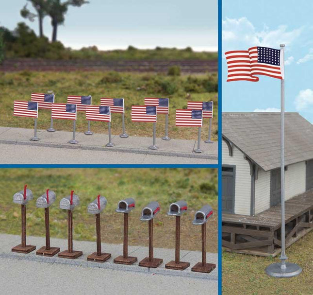 Walthers SceneMaster 949-4171 | Flags (11) and Mailboxes (8) | HO Scale - Squeaky's Trains