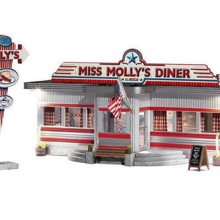 Miss Molly's Diner N Scale model featuring warm white LEDs, detailed hand-painted design, and classic diner sign.