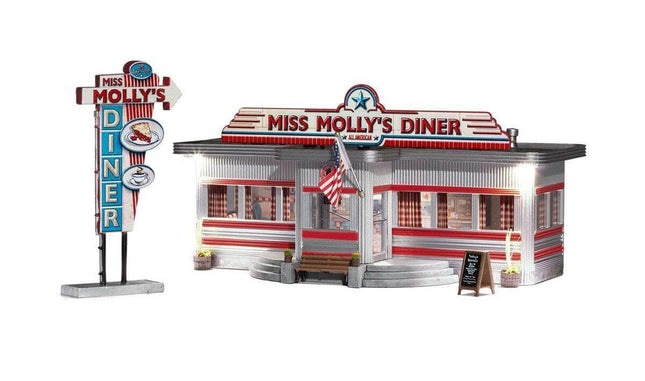 Miss Molly's Diner N Scale model featuring warm white LEDs, detailed hand-painted design, and classic diner sign.