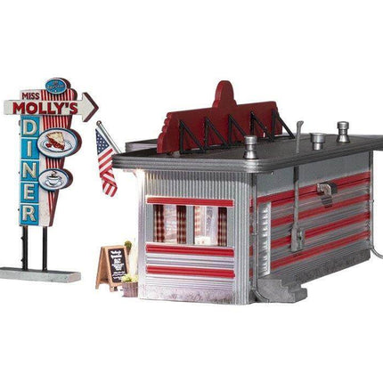 Woodland Scenics Miss Molly's Diner model, N Scale train car eatery with classic sign and detailed decor.
