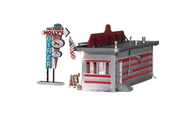 Woodland Scenics Miss Molly's Diner model, N Scale train car eatery with classic sign and detailed decor.