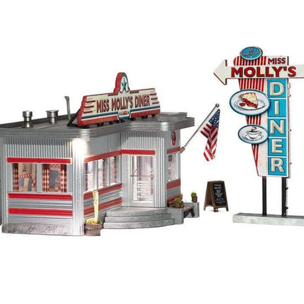 Miss Molly's Diner N Scale model complete with sign, warm white LEDs, and authentic weathered details for realistic display.