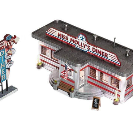 Miss Molly's Diner N Scale model kit with warm white LEDs and classic sign, perfect for railroad setups.