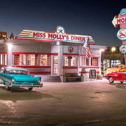 Miss Molly's Diner model featuring classic diner design, vibrant colors, and illuminated sign in a detailed N Scale setup.