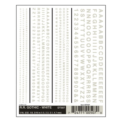 Woodland Scenics 507 | Dry Transfer Alphabet & Number Sets - Railroad Gothic (white) | Multi Scale - Squeaky's Trains