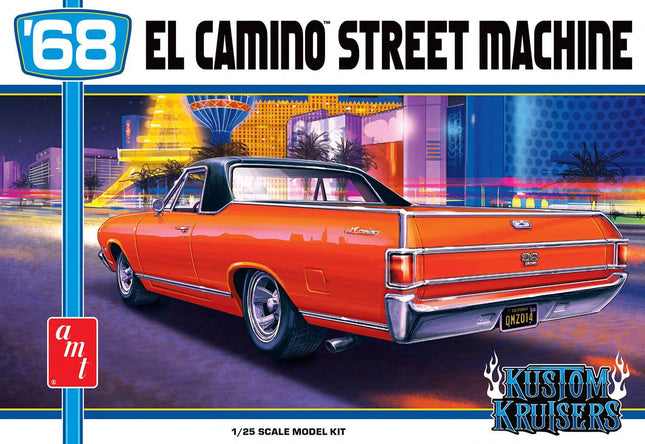 1968 Chevy El Camino Street Machine model kit by AMT Kustom Kruisers in vibrant colors, showcasing classic car details.