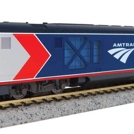 Amtrak #302 Siemens ALC-42 Charger model in Phase VI paint scheme on N scale track.