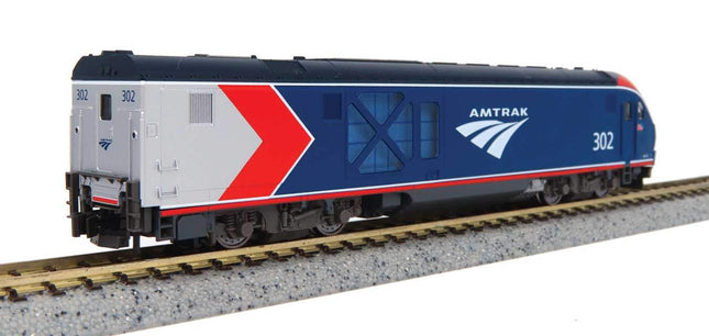 Amtrak #302 Siemens ALC-42 Charger model in Phase VI paint scheme on N scale track.