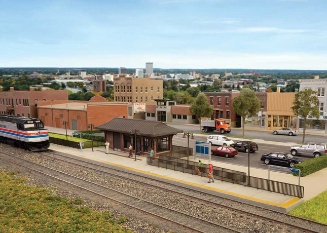Walthers Cornerstone 933-3392 Amtrak Rural Station Kit HO Scale - assembled station and platform