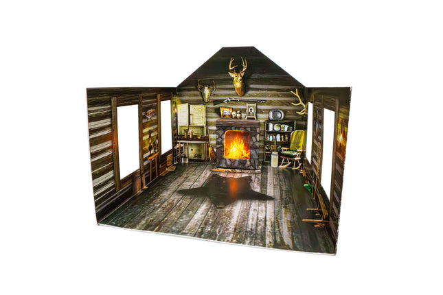 Cozy cabin interior with flickering fireplace and detailed decor for Woodland Scenics Built-&-Ready Landmark Structures in O Scale.