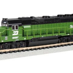 Bachmann EMD GP40 Burlington Northern #3030 N Scale model train on track.