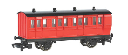 Bachmann HO Scale Thomas & Friends Red Brake Coach model with clear window glazing and metal wheelsets.