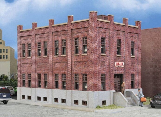 Walthers 933-4050 Brick Office Building HO Scale - assembled model with concrete foundation