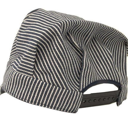 Brooklyn Peddler 00057 Child's Engineer Cap in blue hickory stripe denim - back view with snap strap