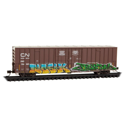 Canadian National 60' rib side high-cube boxcar with graffiti, N Scale model for collectors and railroad enthusiasts.