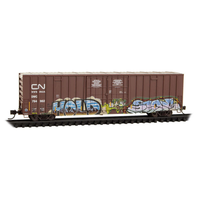 Weathered Canadian National 60' rib side boxcar model with graffiti in N Scale on display.