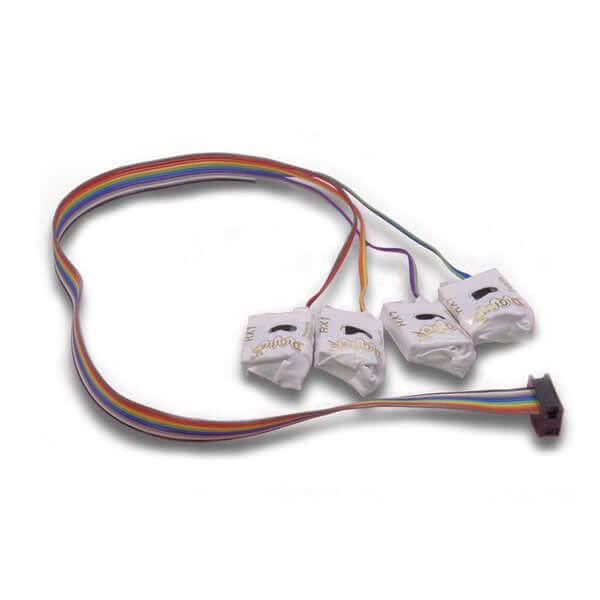 Digitrax RX4 block transponding receivers with colorful wiring harness for occupancy detection systems.