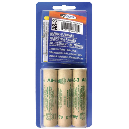 Estes A8-3 Rocket Engines package for model rockets, includes 3 engines, starters, and plugs, ideal for beginners.