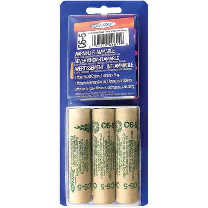 Estes 1614 C6-5 rocket engines pack featuring 3 model rocket engines, 4 starters, and plugs, designed for model rocket flight.