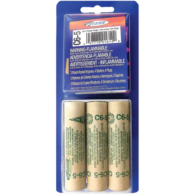 Estes 1614 C6-5 rocket engines pack featuring 3 model rocket engines, 4 starters, and plugs, designed for model rocket flight.