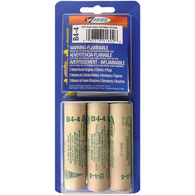 Estes B4-4 Rocket Engine 3-Pack with starters and plugs for model rockets.