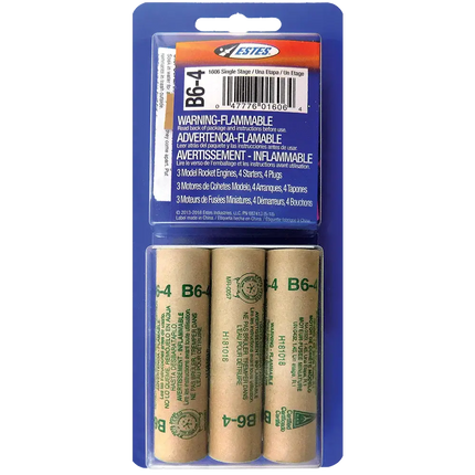 Estes B6-4 Rocket Engine 3-Pack with warning labels and engine specifications for model rocketry.