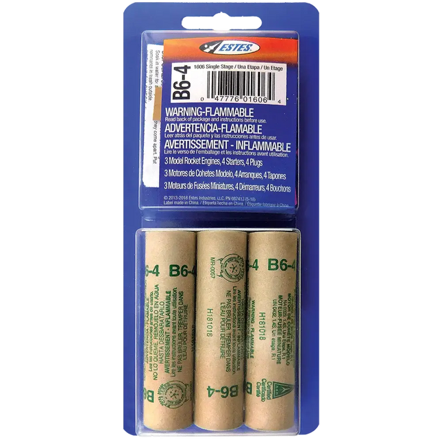Estes B6-4 Rocket Engine 3-Pack with warning labels and engine specifications for model rocketry.