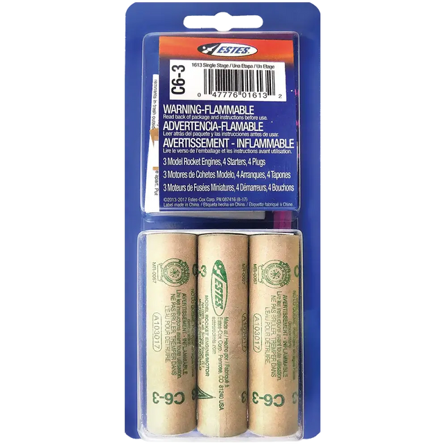 Estes C6-3 rocket engines package including 3 engines, 4 starters and plugs for model rocketry.