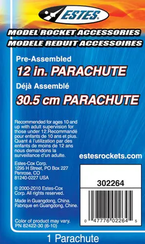 Estes 12-inch parachute for model rockets, pre-assembled, lightweight recovery solution for safe landings.