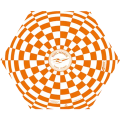 Estes 12-inch printed parachute with orange and white checkerboard design for model rocket recovery.