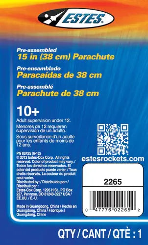 Estes Rockets 15 inch preassembled parachute packaging with bilingual details and QR code.