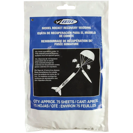 Estes 2274 Recovery Wadding pack for model rockets, containing 75 sheets of flame-resistant material.