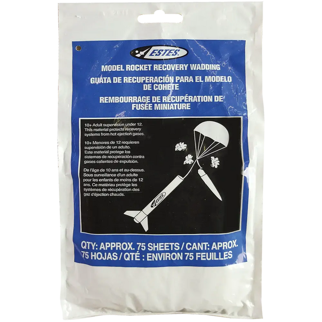 Estes 2274 Recovery Wadding pack for model rockets, containing 75 sheets of flame-resistant material.