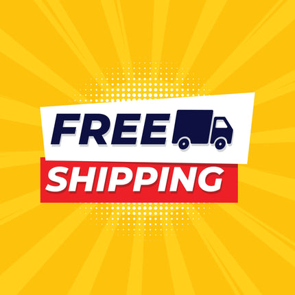 Colorful graphic promoting free shipping with a delivery truck icon on a yellow background.