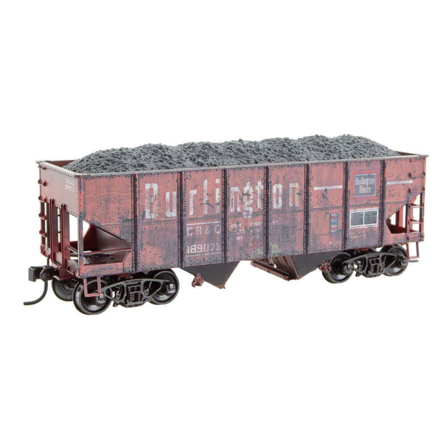 Micro-Trains HO scale 33' Twin Bay Open Hopper, #189073, weathered for Grit N Grime Series, featuring Chicago Burlington & Quincy design.