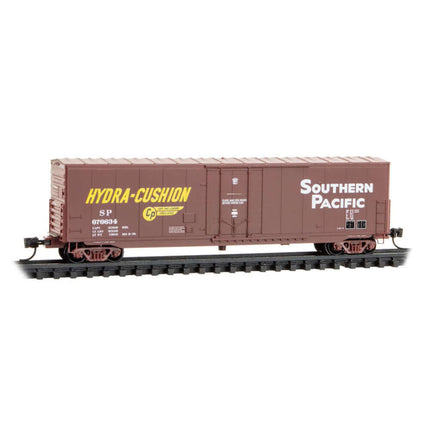 Micro-Trains Southern Pacific 50' Standard Boxcar model #676634 with Hydra-Cushion detail in brown.